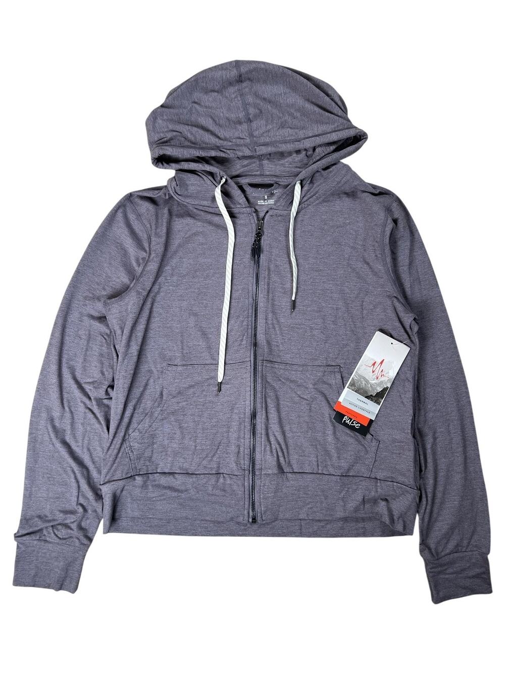 Pulse Sweater Womens S Gray Full Zip Hooded Lightweight Stretch Jersey